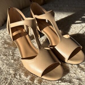 Elegant Tan Women's T-Strap Heels